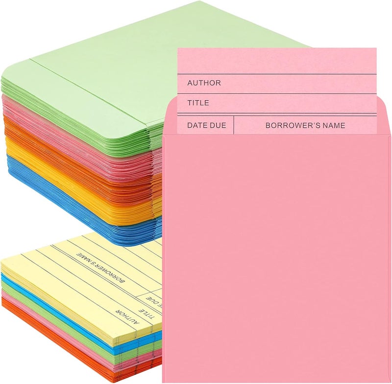 Eaasty 200 Pcs Library Pocket Envelopes and Books Cards Include 100 Self Adhesive Pocket Envelopes and 100 Check out Cards Library Supplies(Colorful Envelop, Colorful Card) - Image 1